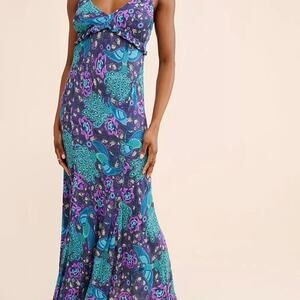 Spell & The Gypsy Boheme Bias Slip Maxi Dress Peacock Print Purple Teal Size S